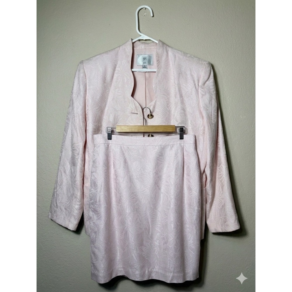 Vintage Amanda Smith Petites Pink Brocade Skirt‎ Suit Set Jacquard Floral Sz 16P